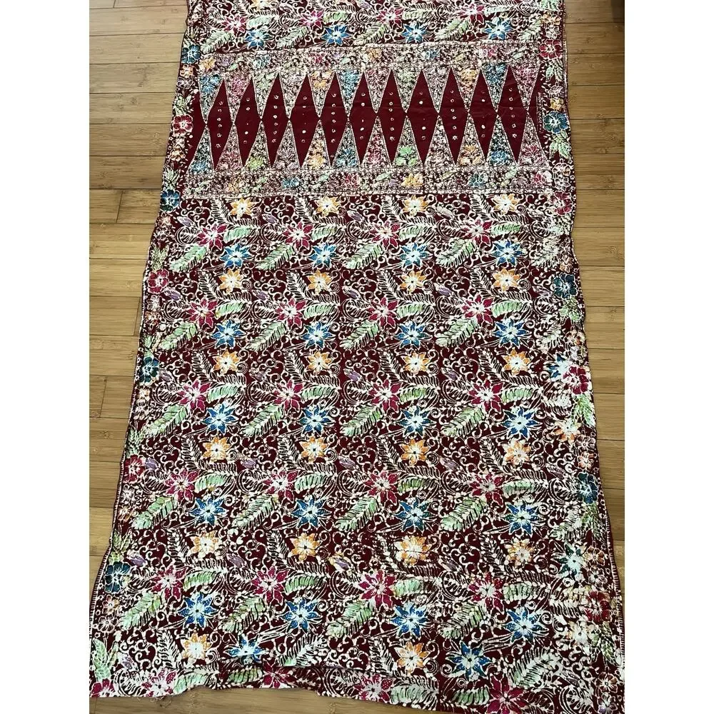 Traditional India Style Floral Fern Cotton Textile Tablecloth Batik Art 72 x 41”